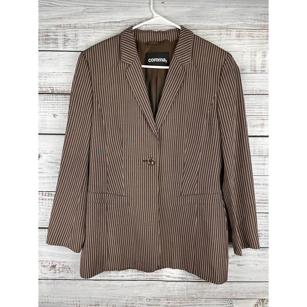 Comma Brown Pin Stripe Blazer Jacket Silk Linen Women 38 Minimalist Career Work